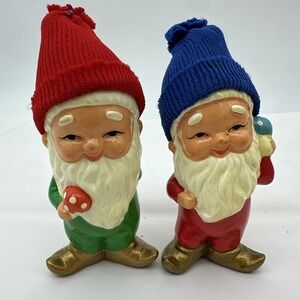 VTG Mid Century Gnome Elf Figurines MY Korea Paper Mache Mushroom Set of 2